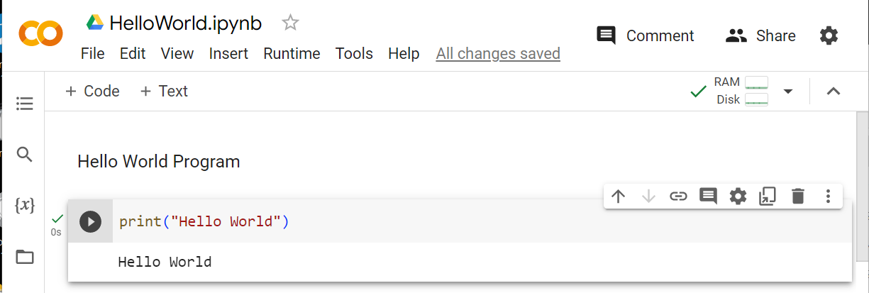 Hello World with Google Colab
